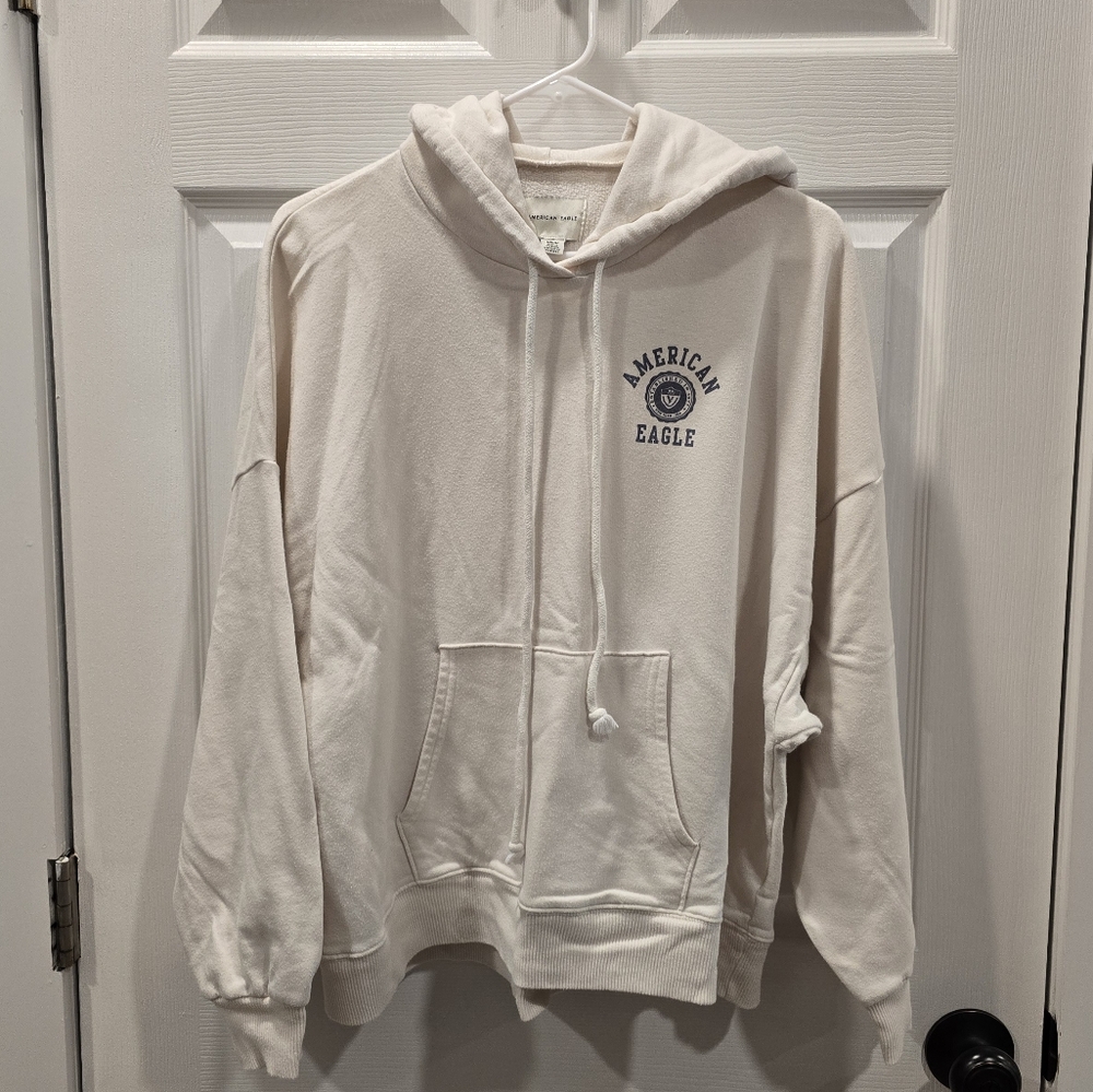 American Eagle Outfitters Beige Sweatshirt with Navy Logo